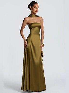 Olive Green Strapless Evening Gown with Neck Sash